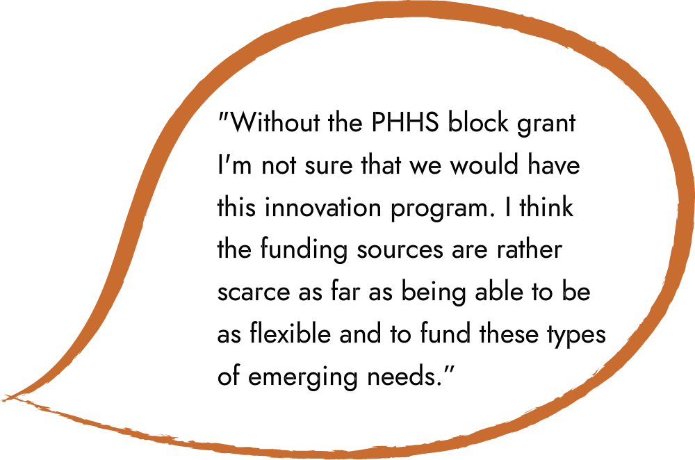 An illustrated speech bubble with a quote that reads: ““Without the PHHS block grant I'm not sure that we would have this innovation program. I think the funding sources are rather scarce as far as being able to be as flexible and to fund these types of emerging needs.”