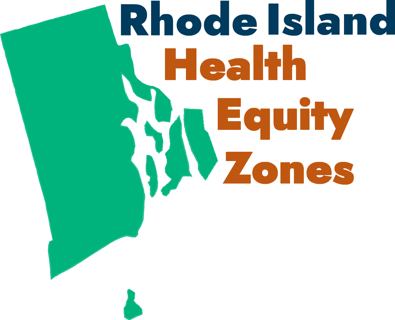 A gif of the state of Rhode Island (green) next to the words "Rhode Island Health Equity Zones".