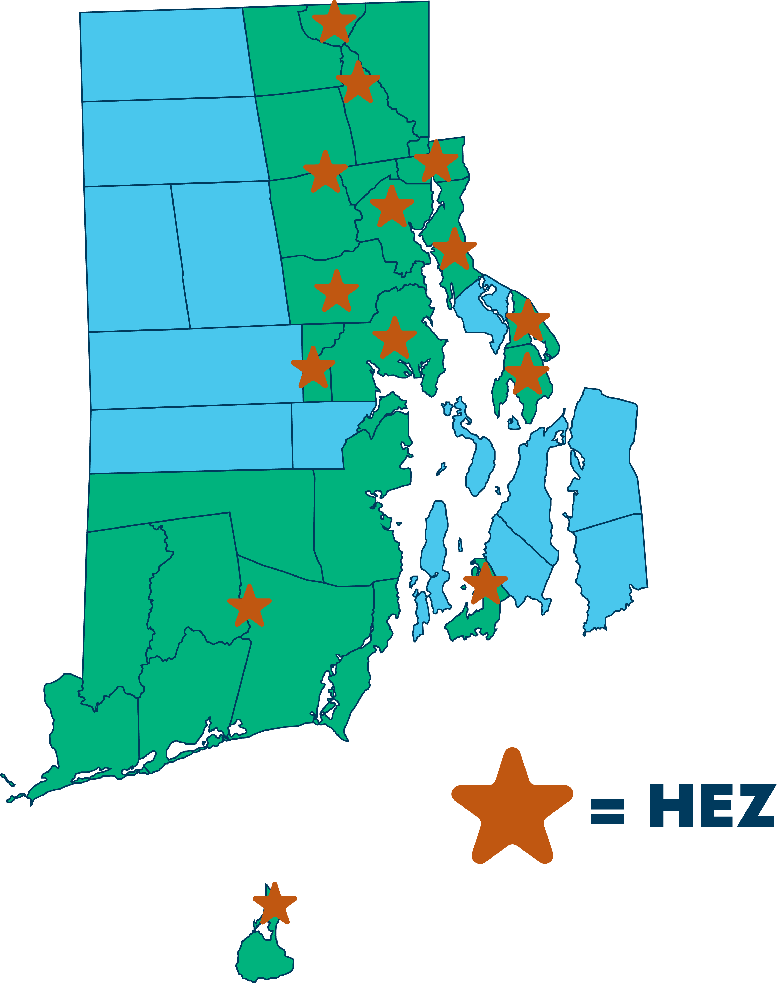 A map of Rhode Island with municipalities outlined and orange stars on HEZ locations.